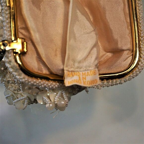 Beaded Sequined Cocktail Purse Vintage Hand Made In Hong Kong Off White - Picture 8 of 8
